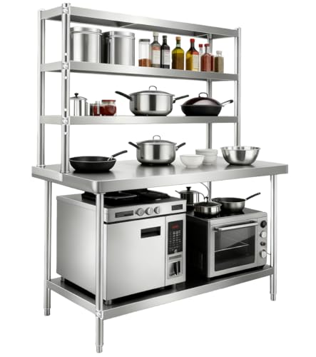 TUIYIDUO ステンレス作業台 調理台 キッチン作業台 100×60cm 3段オーバーシェルフ付き 厨房作業台 ステンレステーブル キッチンラック 多機能 収納棚 丸角デザイン コンパクト 省スペース キッチン 飲食店 家庭用 業務用